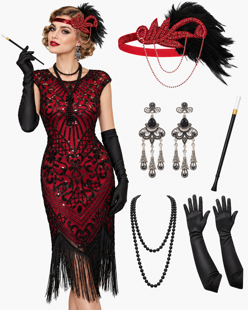 Gatsby Flapper Dress & Accessories Bundle Size XL Red Beaded 1920s